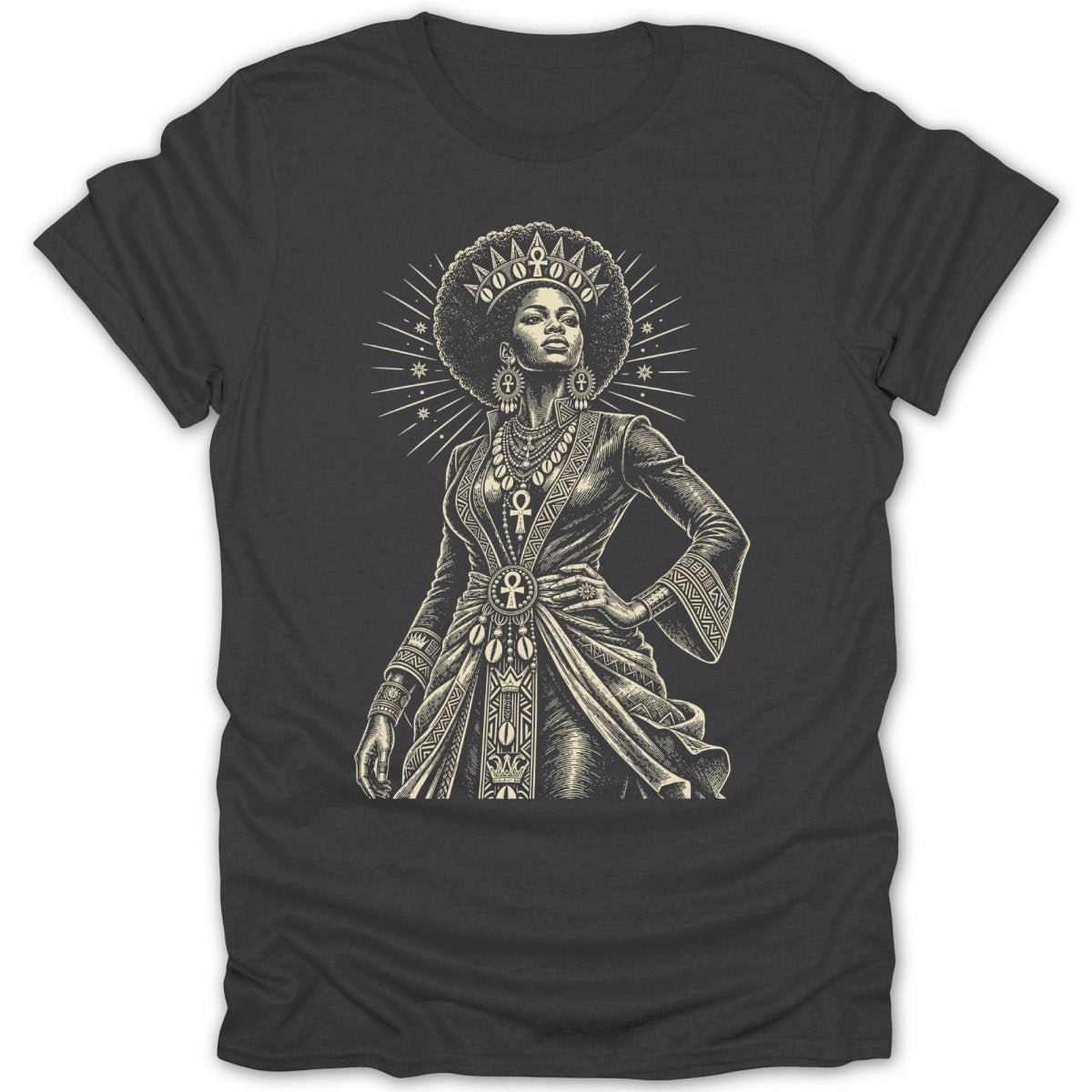T-shirt graphic of a regal woman wearing a crown and ornate African-inspired clothing.