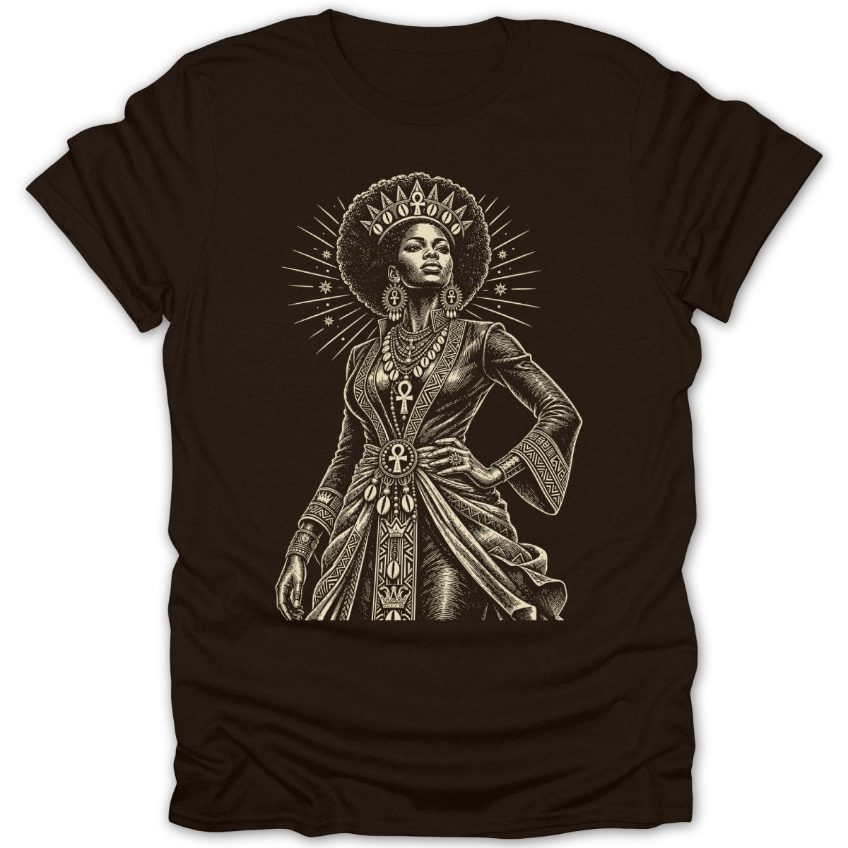 Queen with Afro and elaborate jewelry on a brown t-shirt.