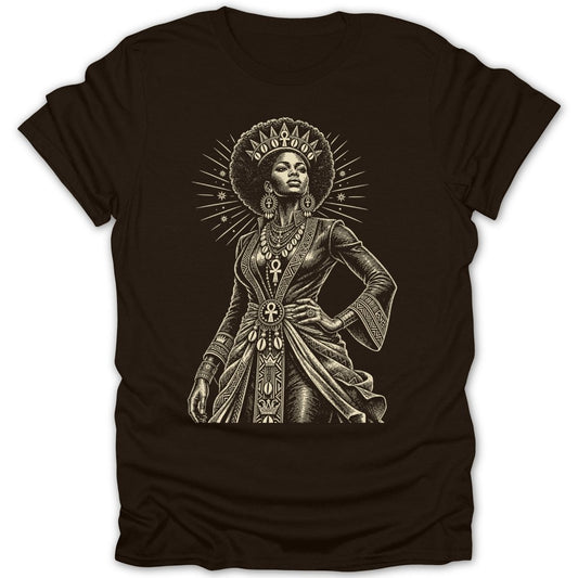 Queen with Afro and elaborate jewelry on a brown t-shirt.