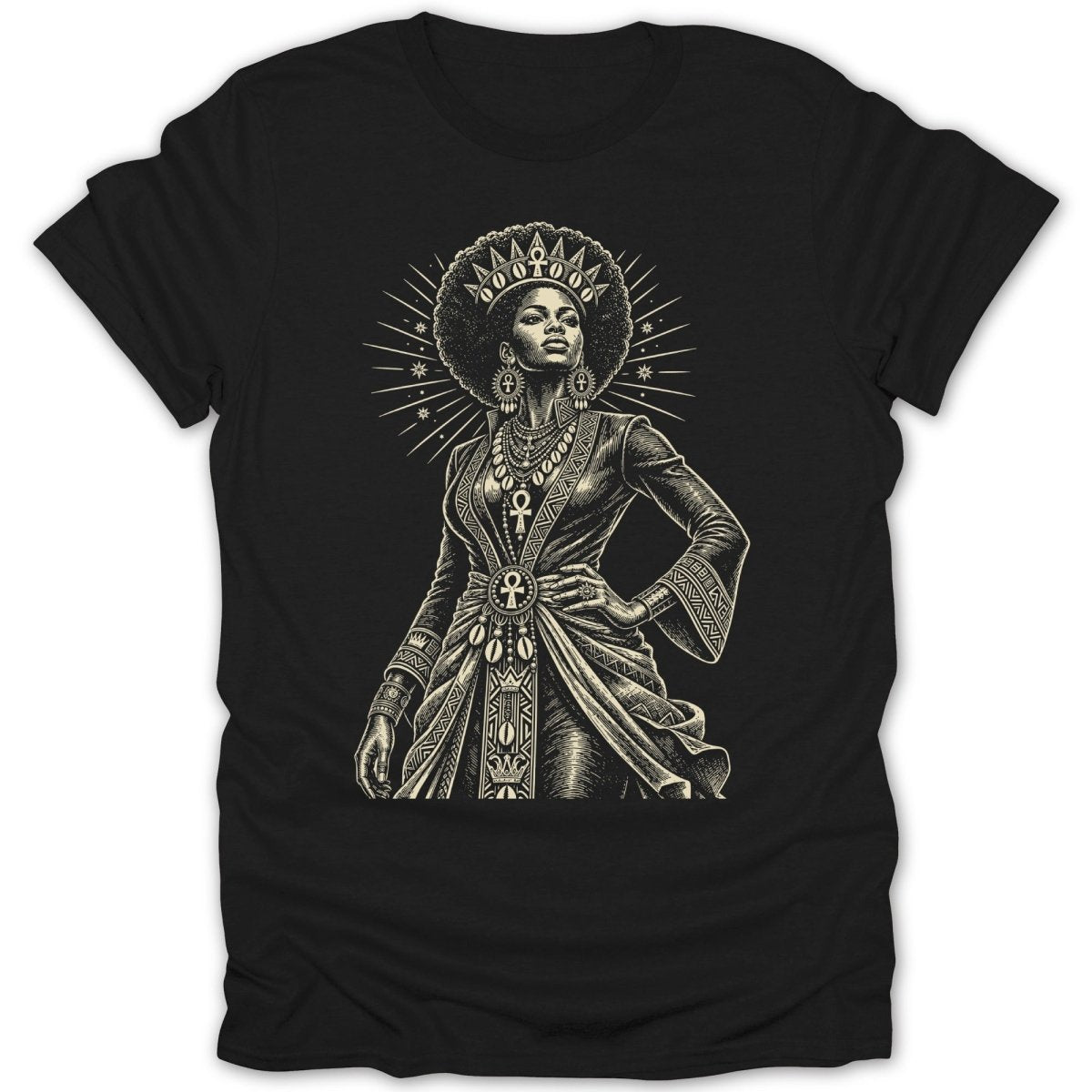Black t-shirt with an etched illustration of a queen wearing a crown and ornate jewelry.