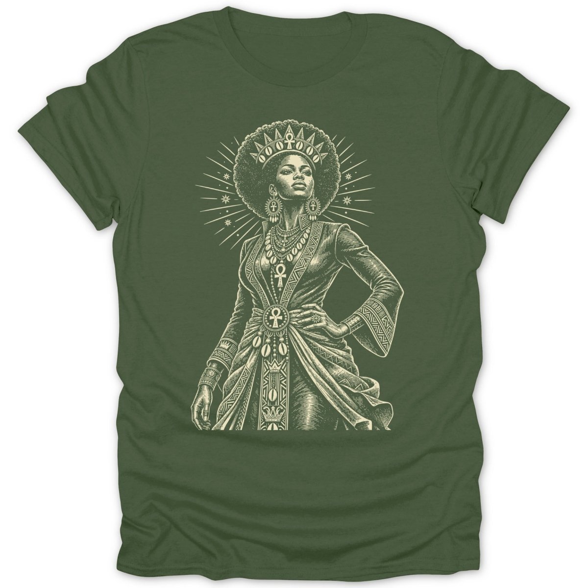 T-shirt with a vintage-style illustration of a crowned Black woman in ornate clothing.