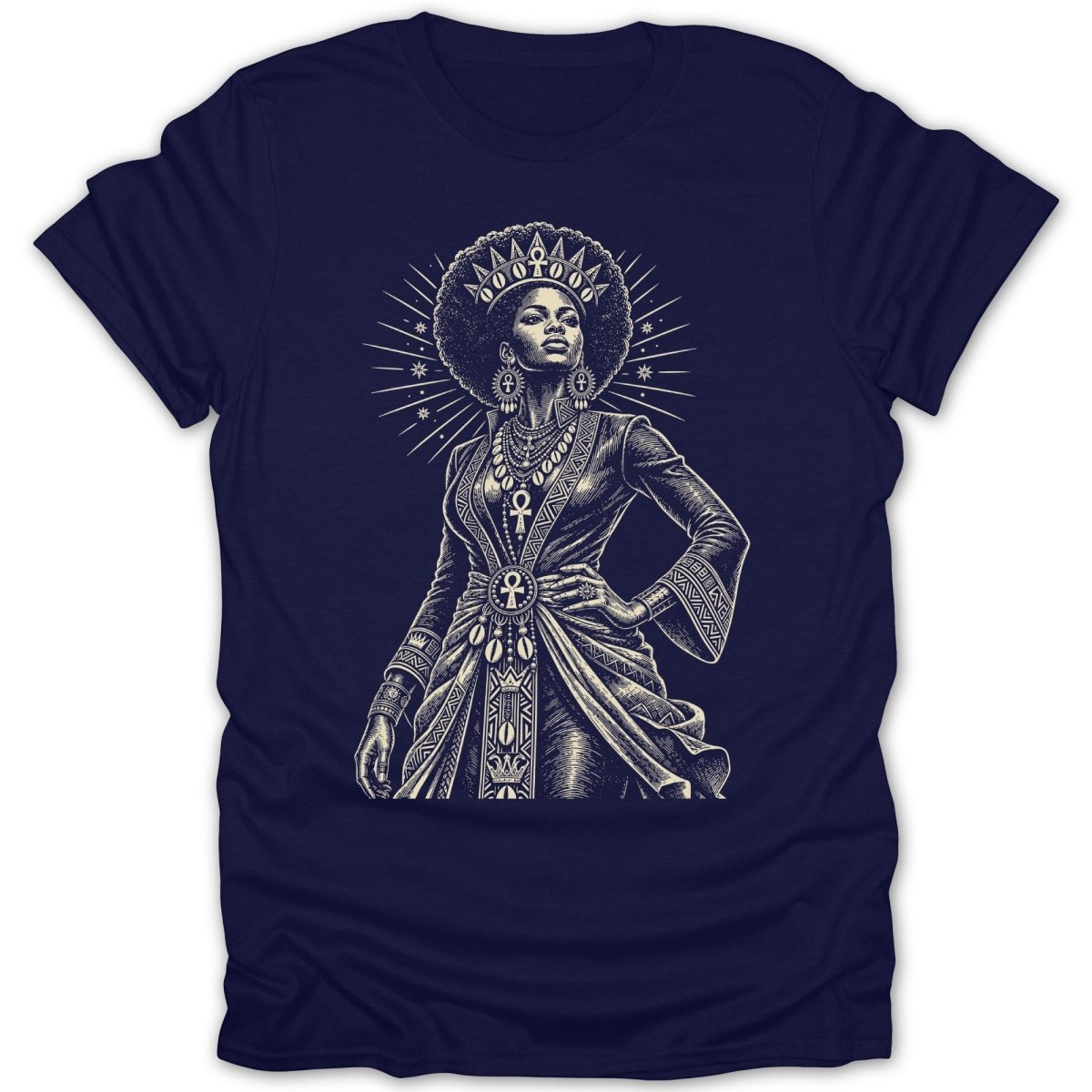 Black and white illustration of a queen with an afro, crown, and regal attire.