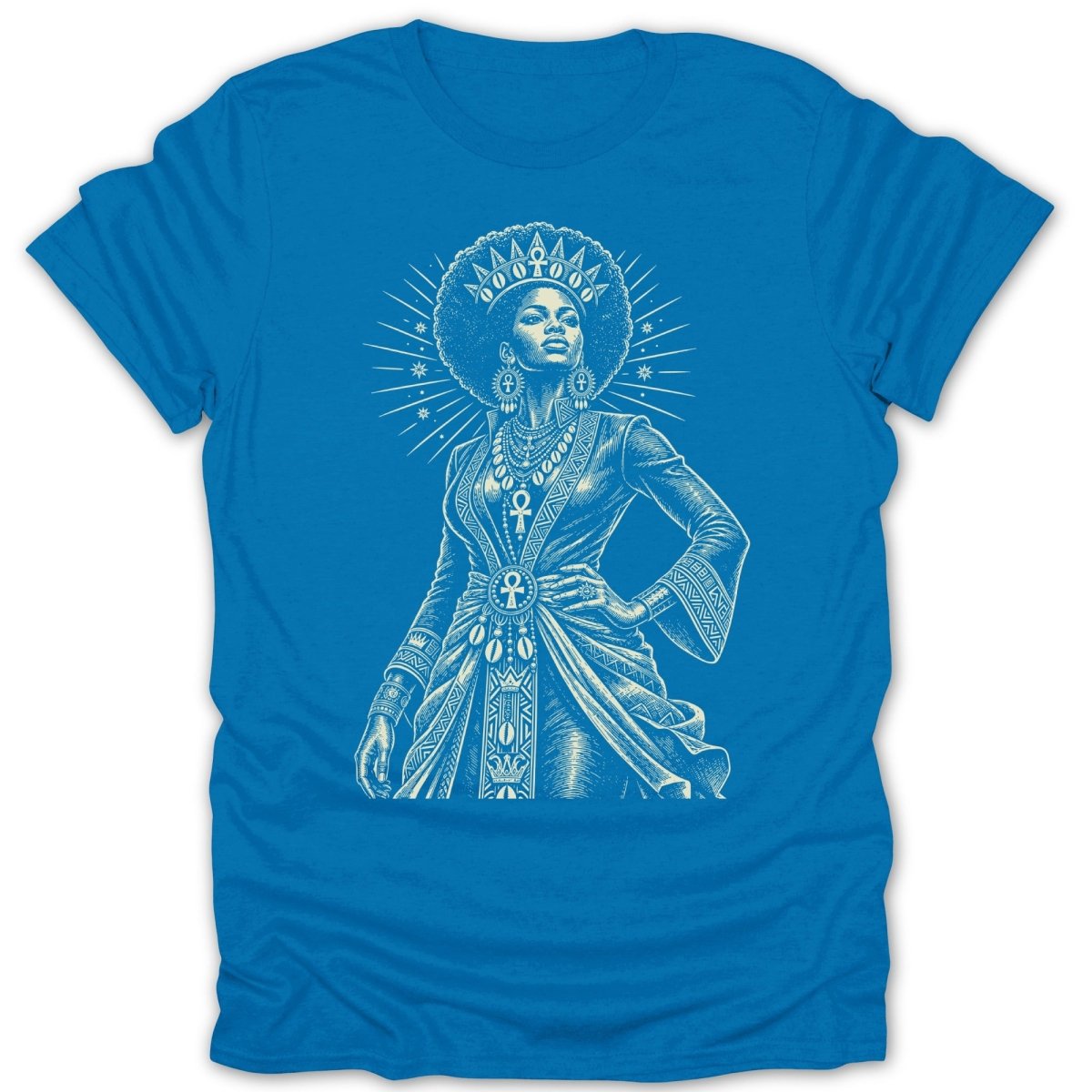 Line art of a crowned Black woman in ornate clothing with an ankh pendant.