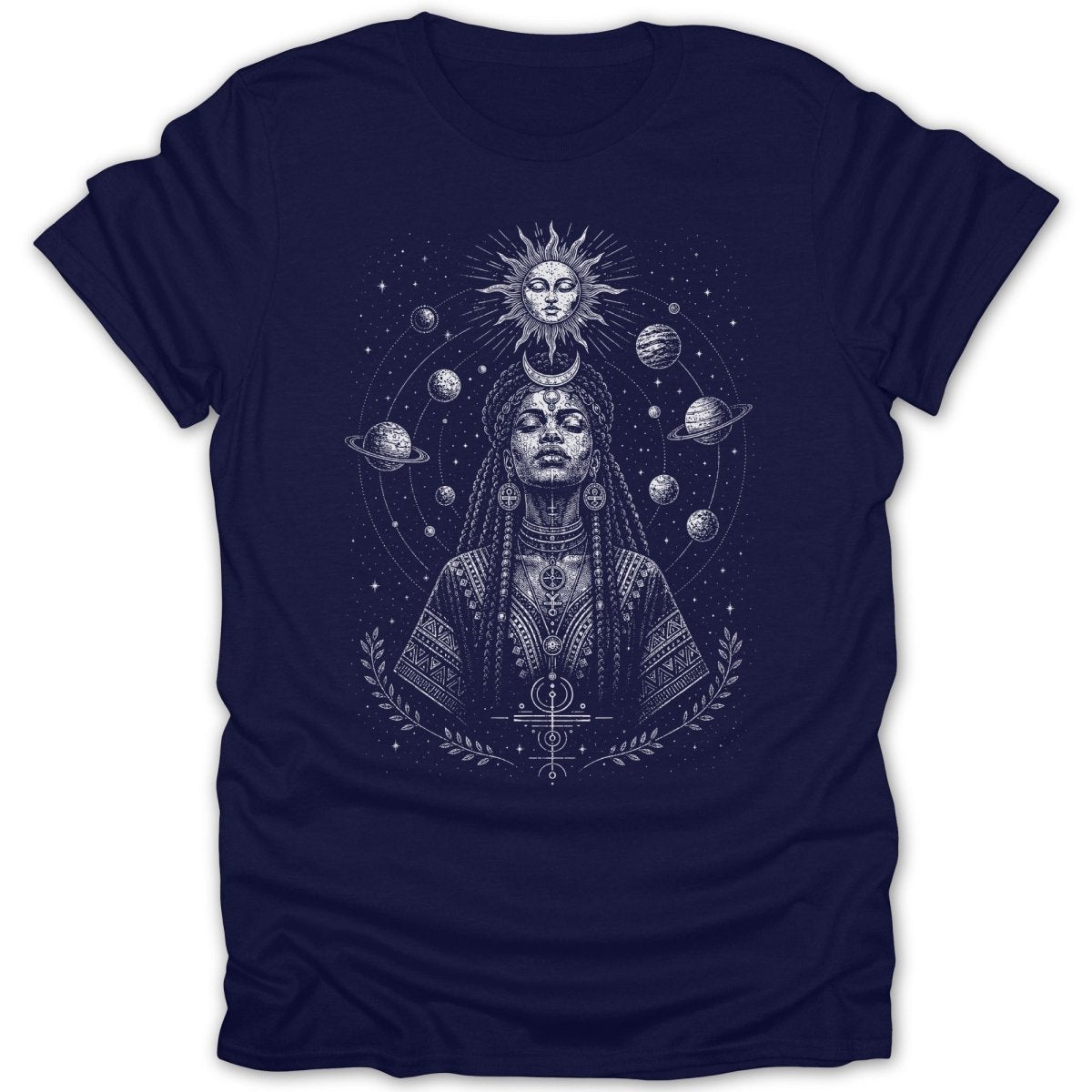 T-shirt with celestial woman, sun, moon, planets, and stars design.