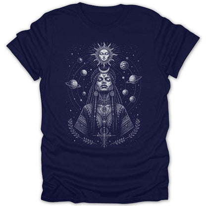T-shirt with celestial woman, sun, moon, planets, and stars design.