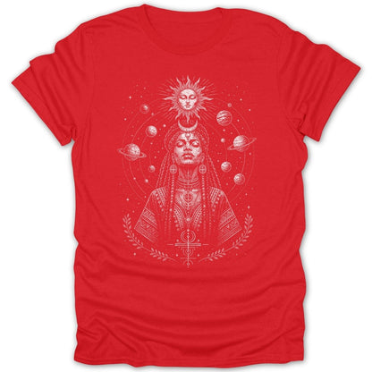 Red t-shirt with white celestial woman and planetary design.