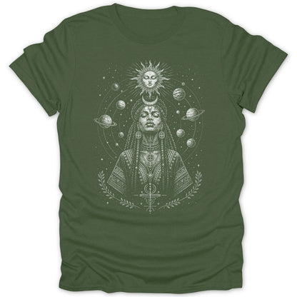 Green t-shirt featuring a celestial woman with planets and sun design.
