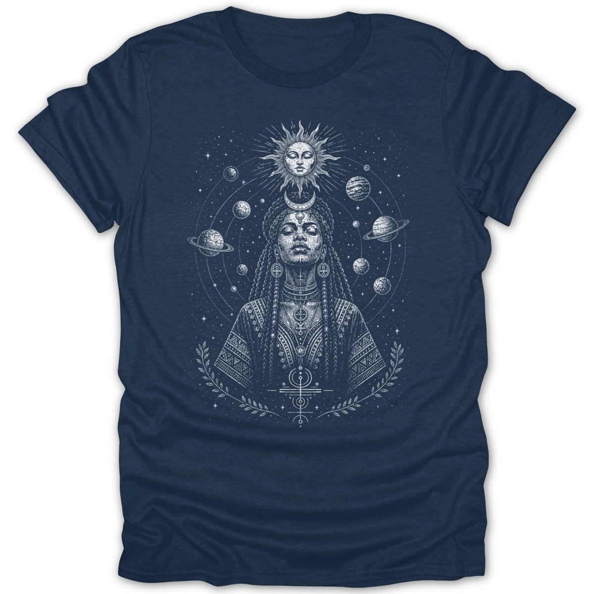 Navy t-shirt with white celestial woman and planet graphic.