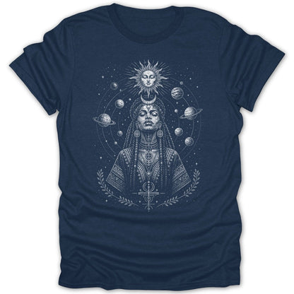 Navy t-shirt with white celestial woman and planet graphic.