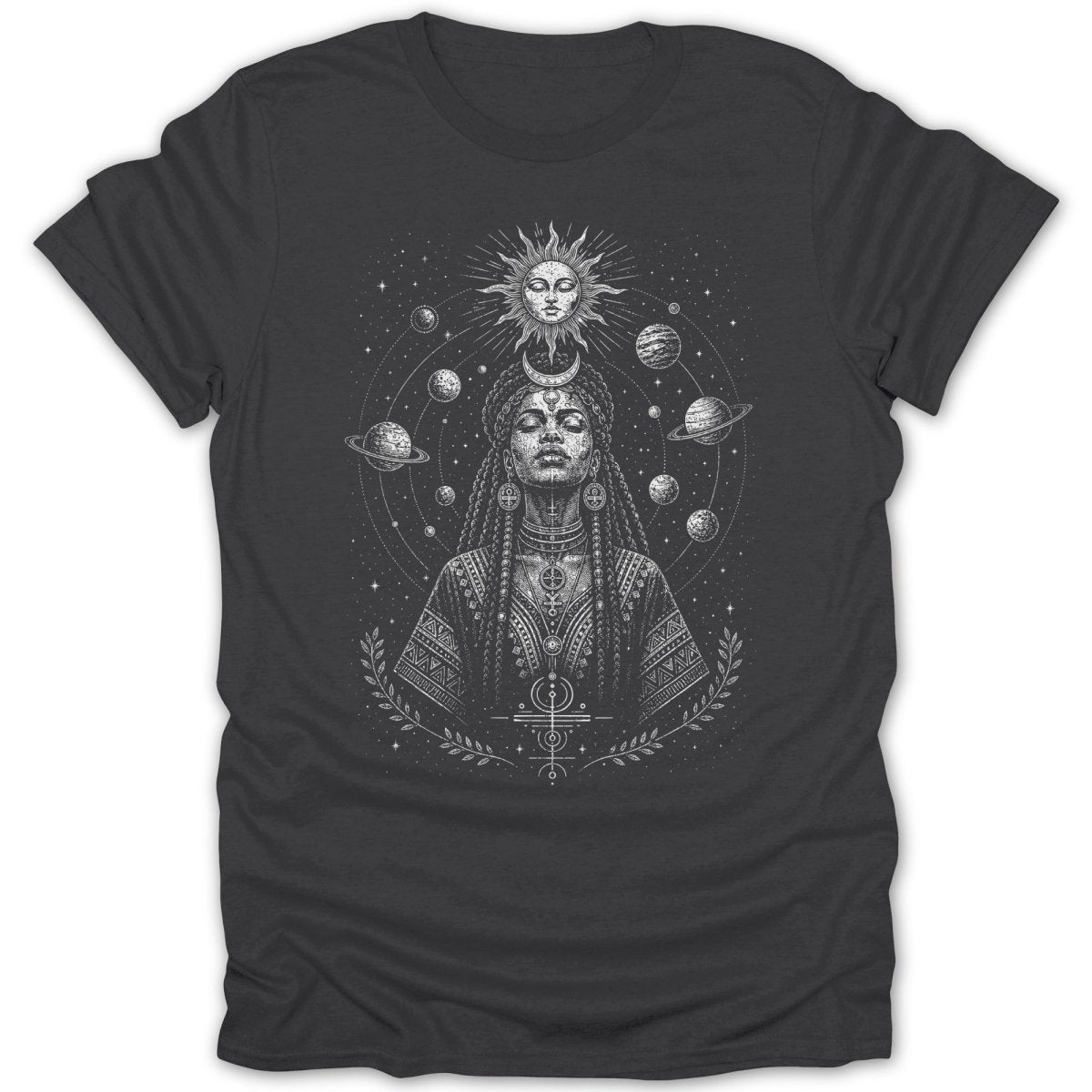 Woman with planets and sun in starry sky, wearing patterned clothing.
