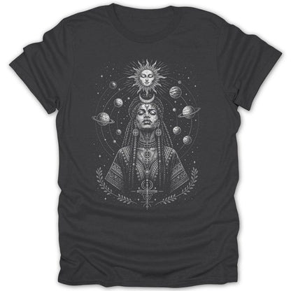 Woman with planets and sun in starry sky, wearing patterned clothing.