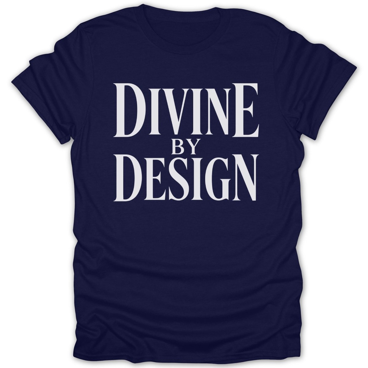 Navy t-shirt with white text "DIVINE BY DESIGN".