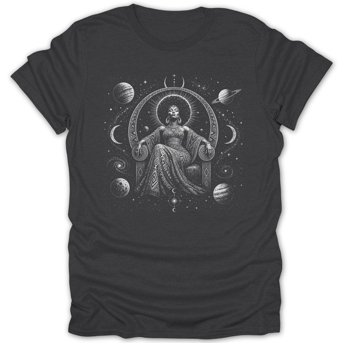 Feminine celestial queen seated on throne surrounded by planets and stars.