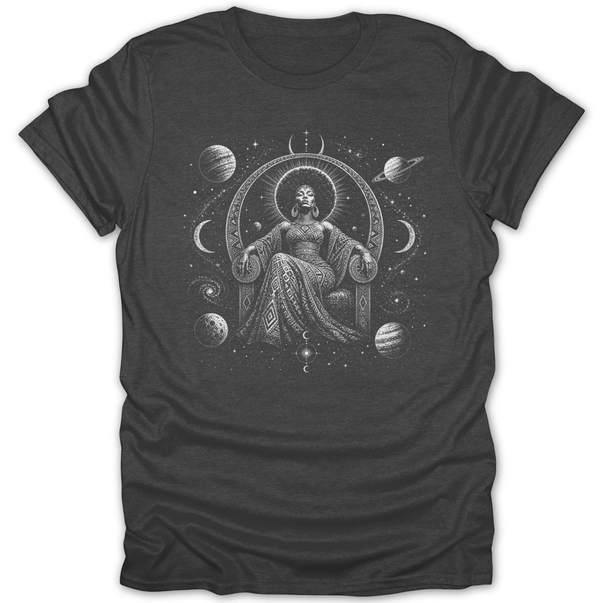 T-shirt with a black and white celestial queen graphic featuring planets, moons, and stars.