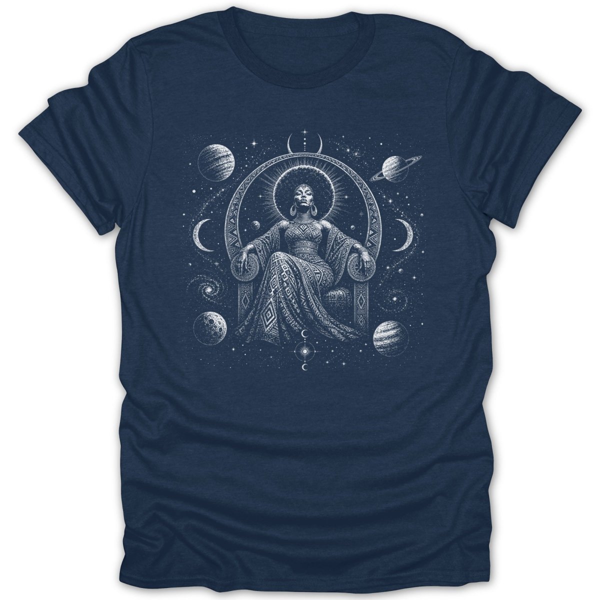Woman in afro and patterned dress sits on throne surrounded by planets and stars.