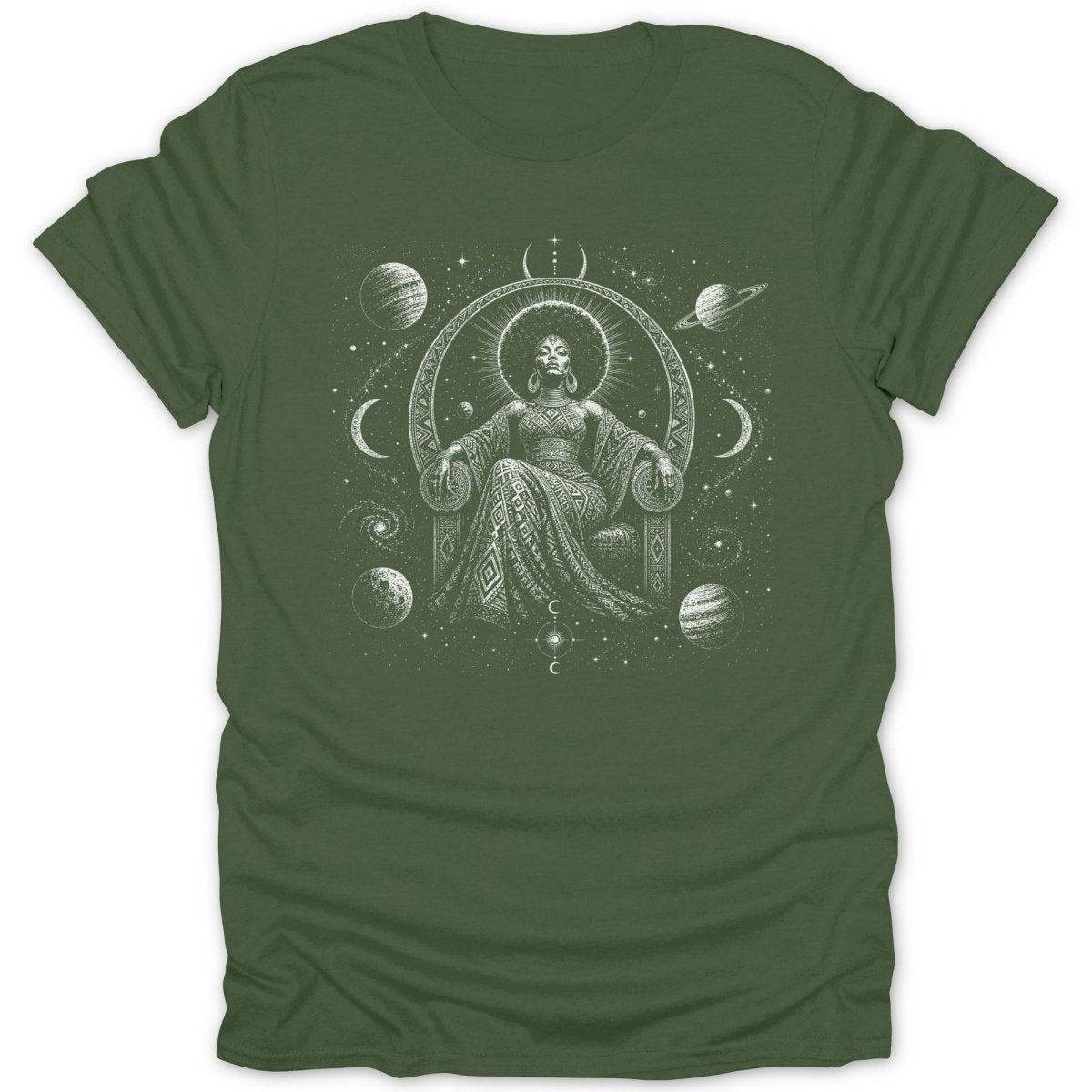 T-shirt graphic of a Black woman seated on a throne surrounded by cosmic elements.