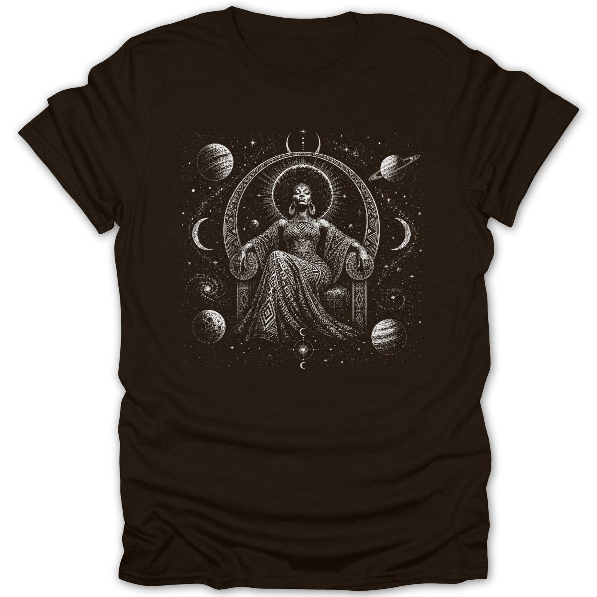 T-shirt graphic featuring a woman on a throne amidst planets and swirling galaxies.