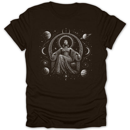 T-shirt graphic featuring a woman on a throne amidst planets and swirling galaxies.