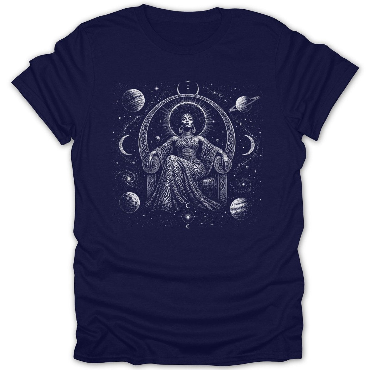 Woman on a throne in a celestial scene with planets and stars.