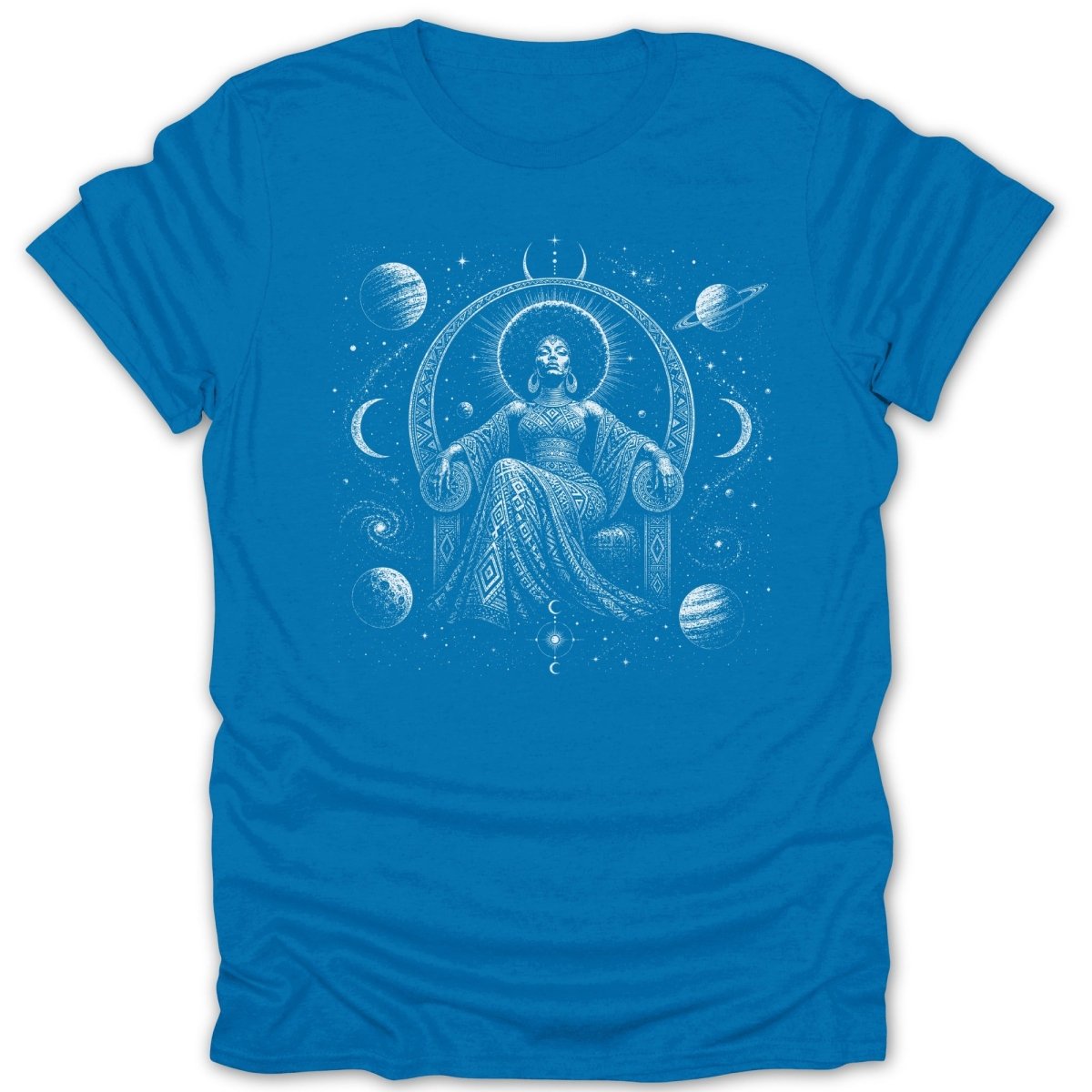 White celestial queen on a blue t-shirt.