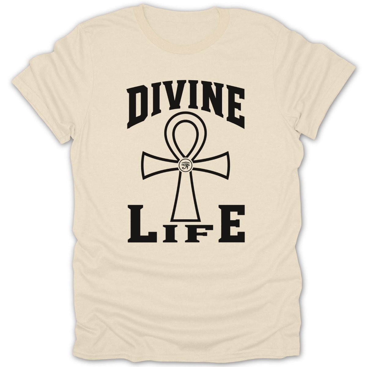 Cream t-shirt with black text "DIVINE LIFE" and an ankh symbol.