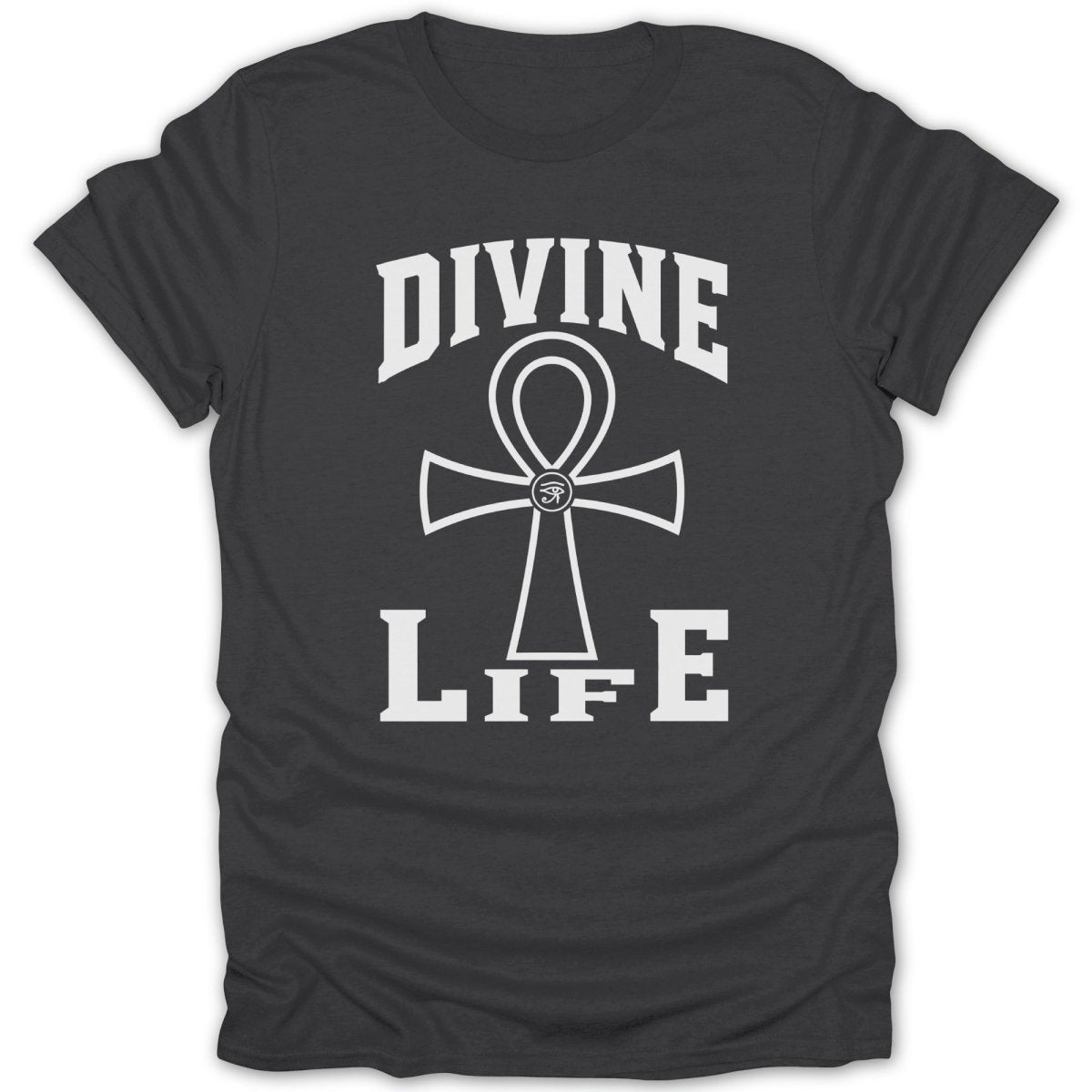Black t-shirt with "DIVINE LIFE" and an ankh symbol in white.