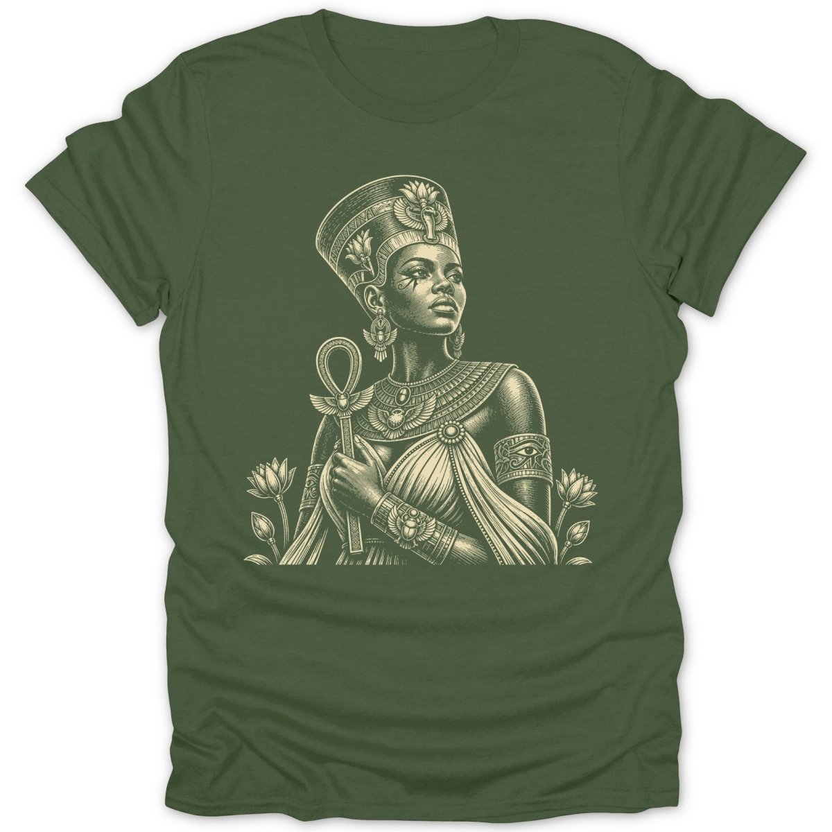 Elaborate illustration of Egyptian queen holding an ankh symbol with lotus flowers.