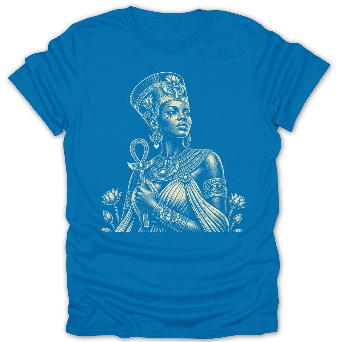 Blue t-shirt with Egyptian queen Nefertiti holding an ankh symbol.