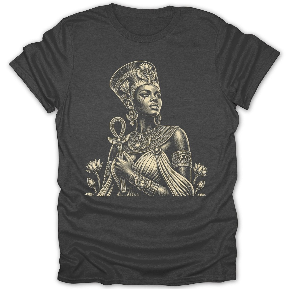 T-shirt with detailed black and white illustration of Egyptian queen holding an ankh.