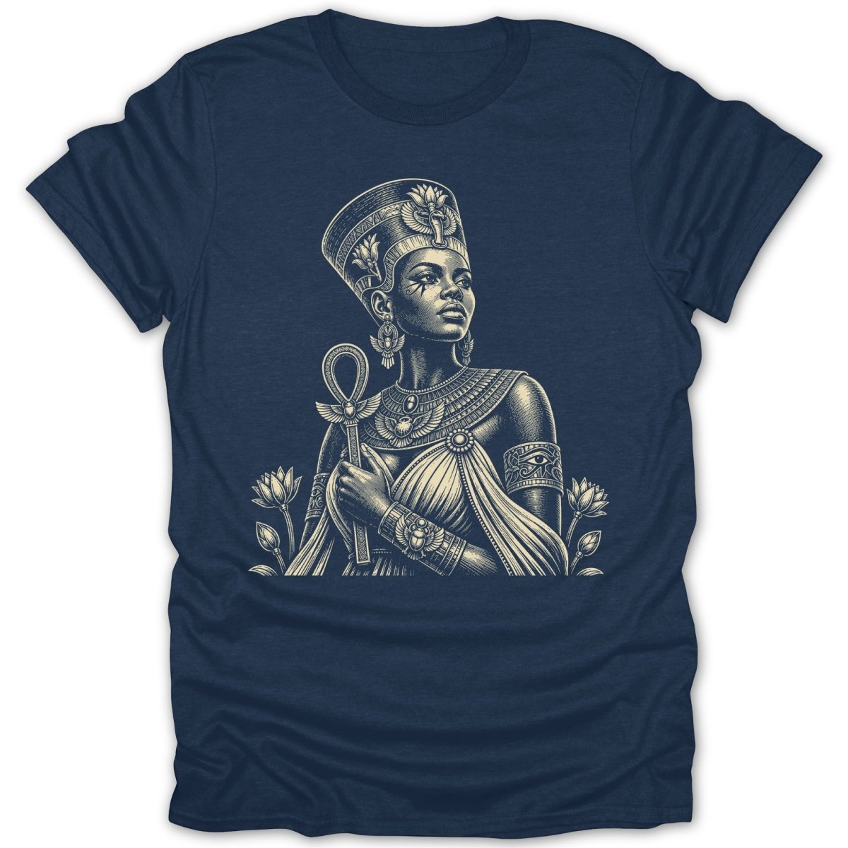 Engraved Egyptian queen holding an ankh, with lotus flowers.