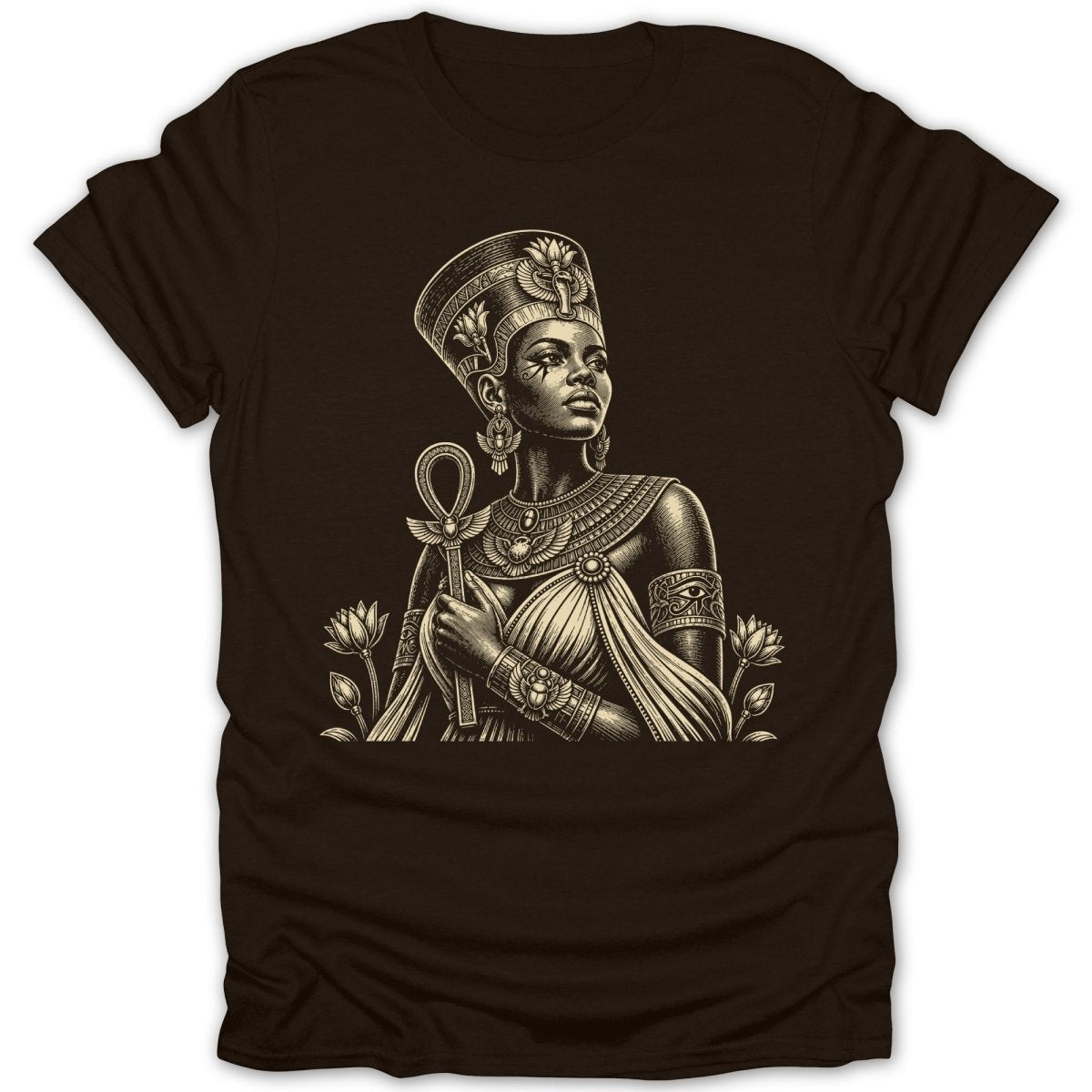 Engraving of an Egyptian queen wearing a crown, holding an ankh, surrounded by lotus flowers.