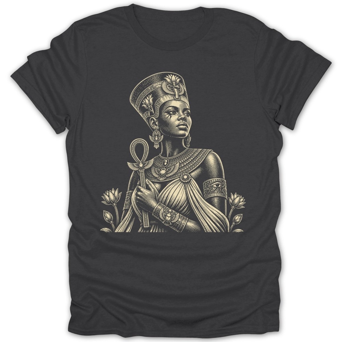 Illustration of Egyptian queen holding an ankh, surrounded by lotus flowers.