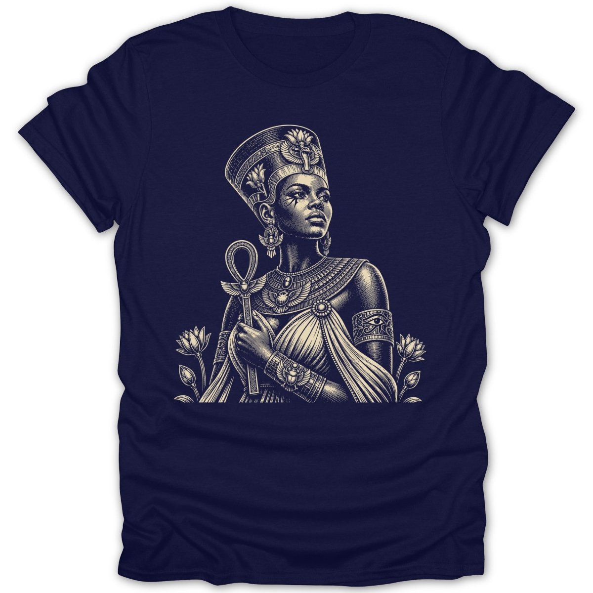 T-shirt featuring stylized Egyptian queen holding an ankh and lotus flowers.