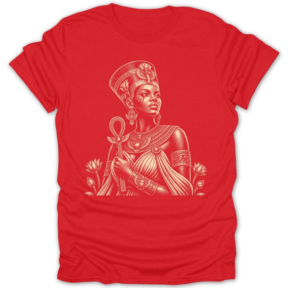 T-shirt with an engraved image of an Egyptian queen holding an ankh and surrounded by lotuses.