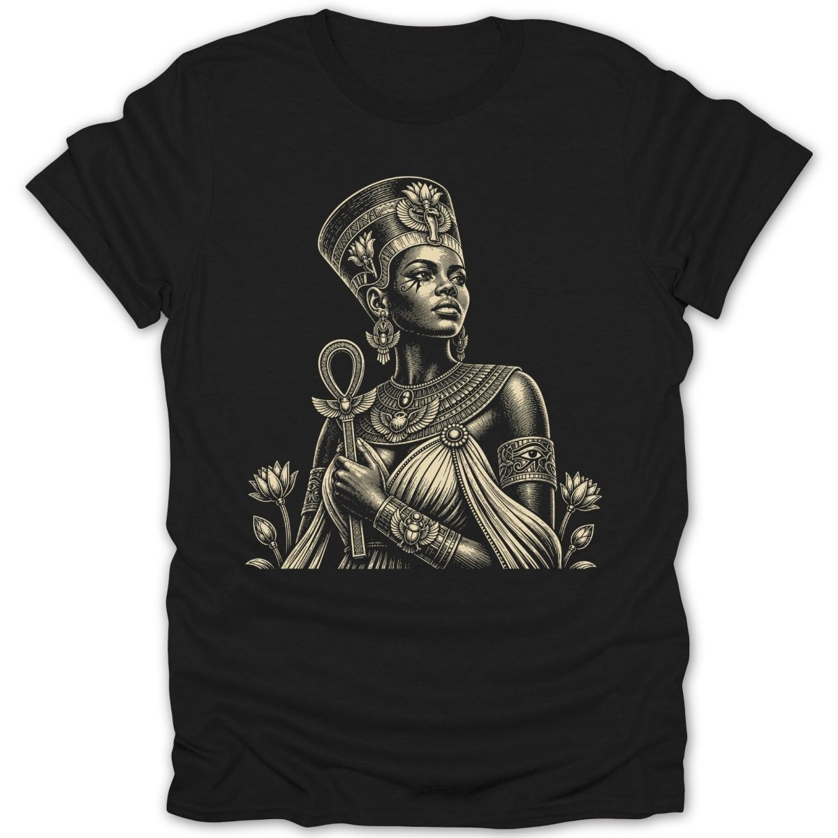 Black t-shirt with an Egyptian queen holding an ankh, surrounded by lotus flowers.