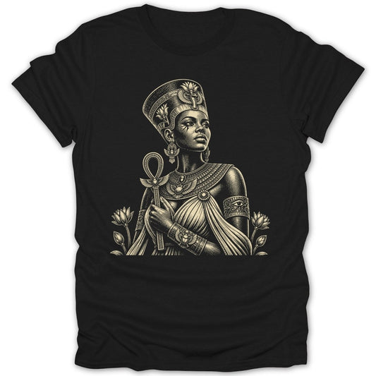 Black t-shirt with an Egyptian queen holding an ankh, surrounded by lotus flowers.
