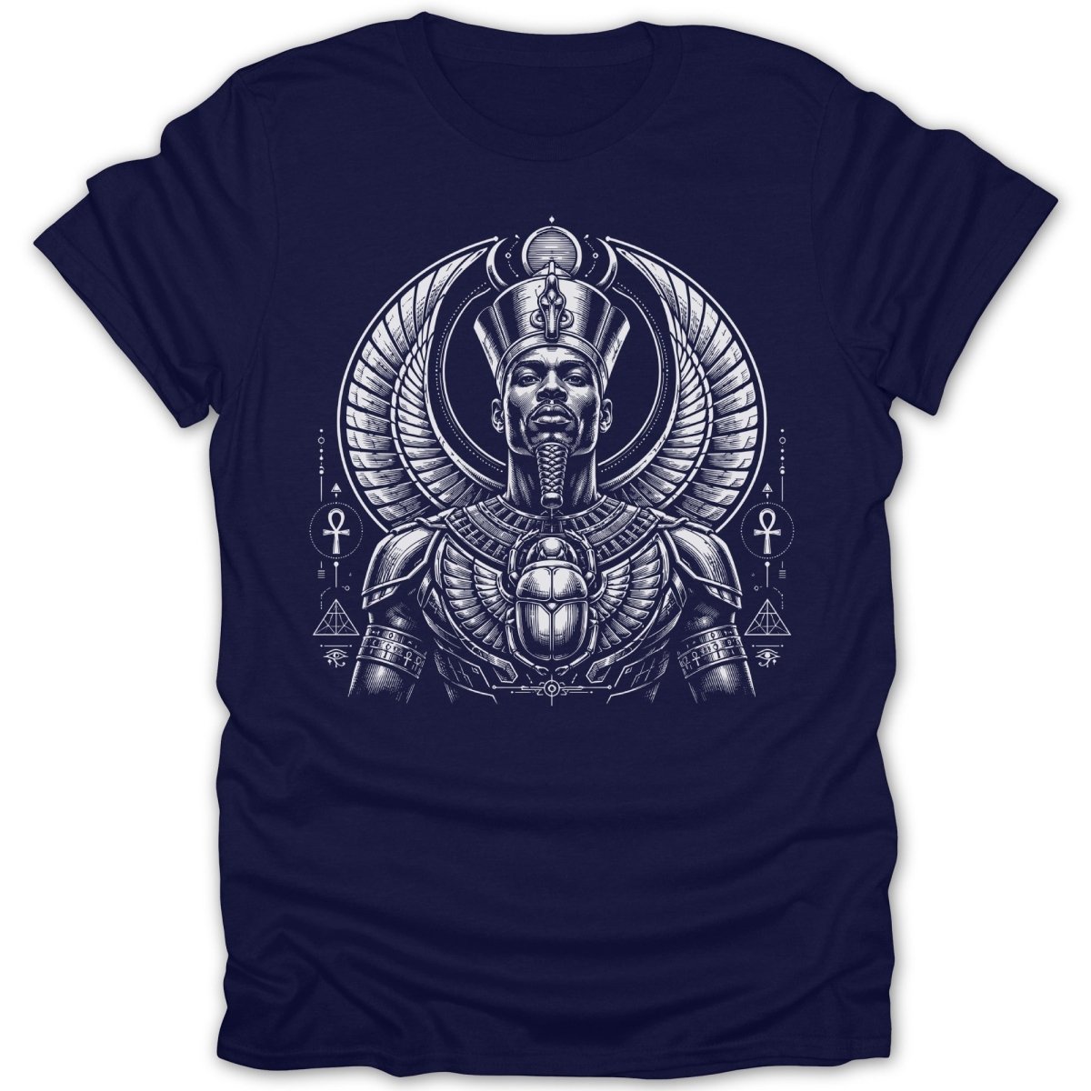 T-shirt with Egyptian pharaoh headdress, winged scarab, and hieroglyphs.