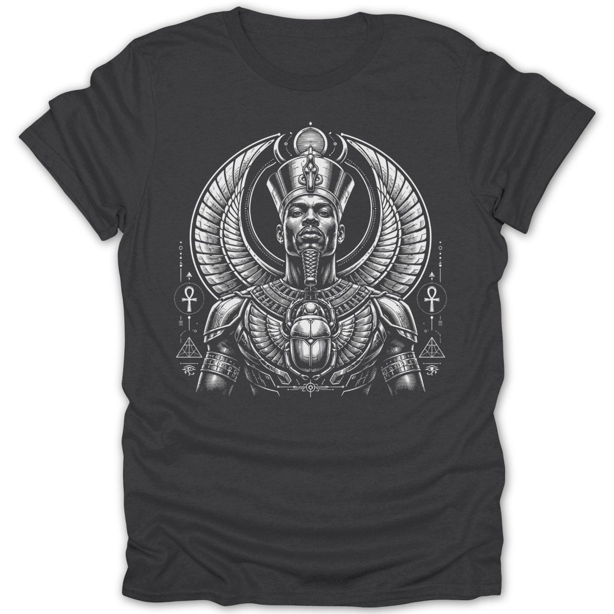 T-shirt featuring ancient Egyptian pharaoh with winged headdress and scarab pectoral.