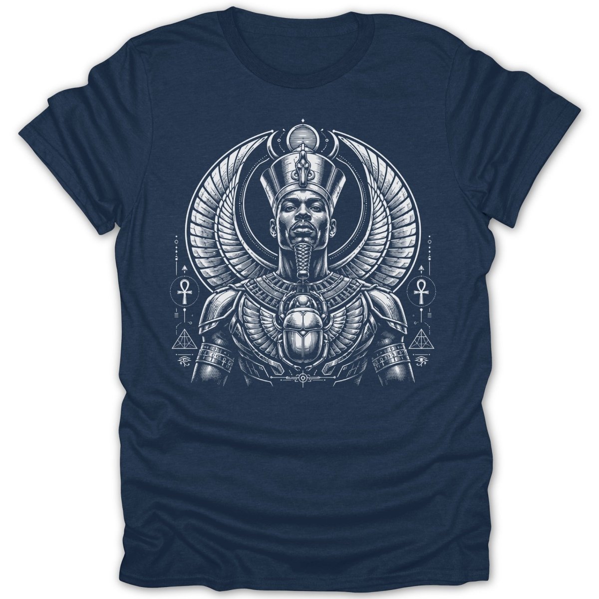 T-shirt with illustration of an ancient Egyptian pharaoh with wings and scarab.