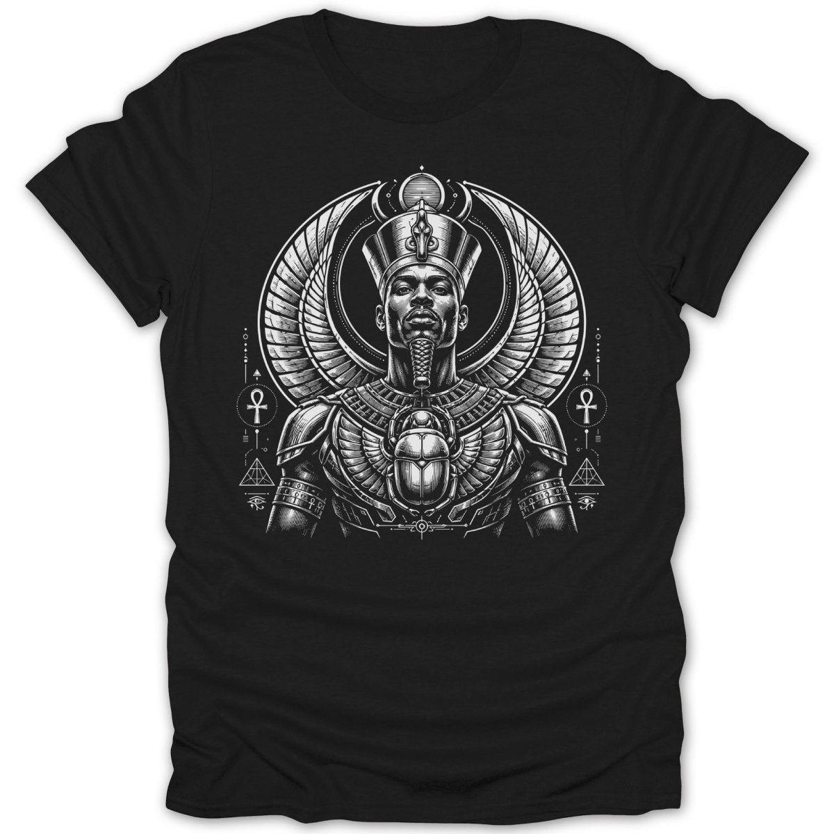 Black t-shirt with a drawing of an Egyptian pharaoh wearing a headdress and scarab beetle.