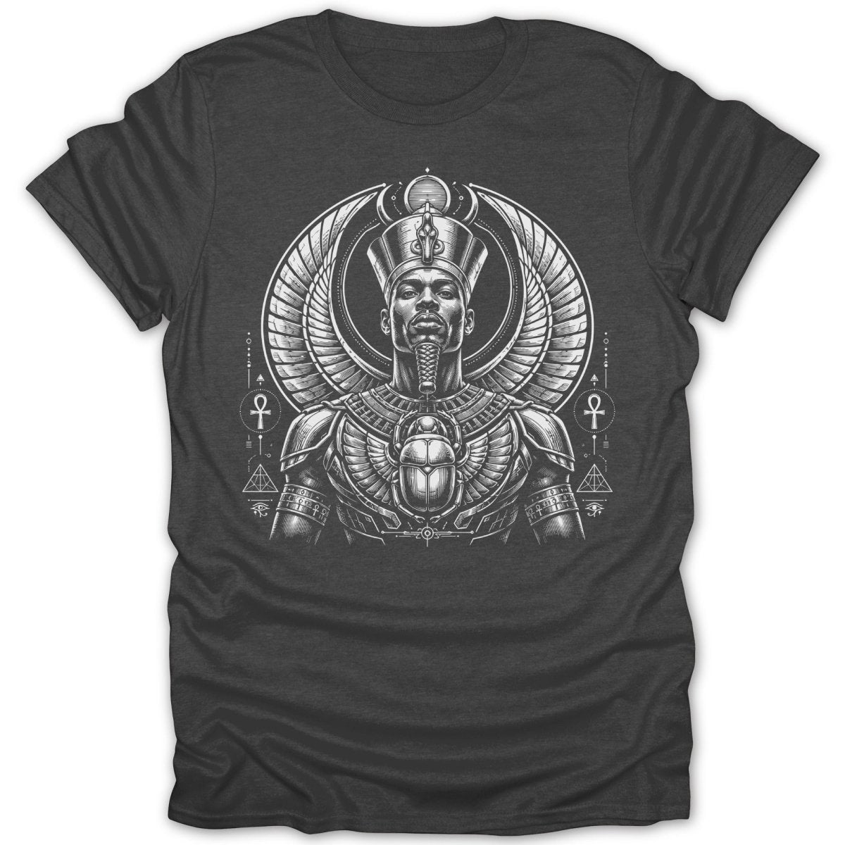 Black t-shirt with stylized Egyptian pharaoh wearing headdress and scarab.