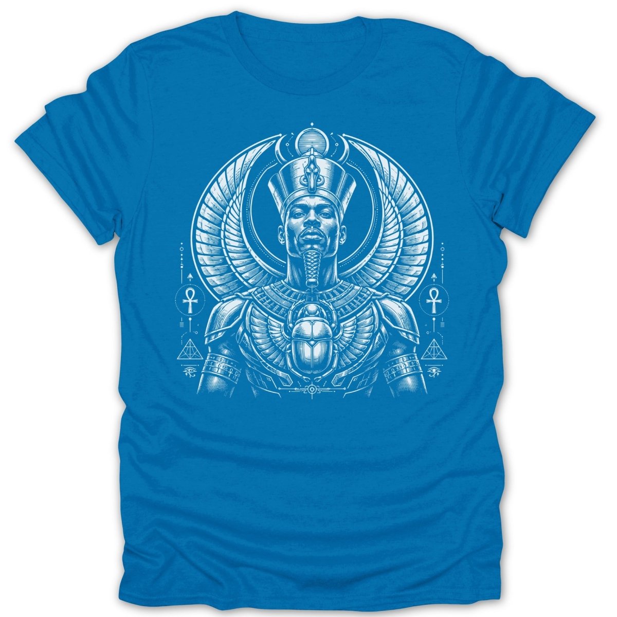 Blue t-shirt featuring a white graphic of an Egyptian pharaoh with wings and scarab beetle.
