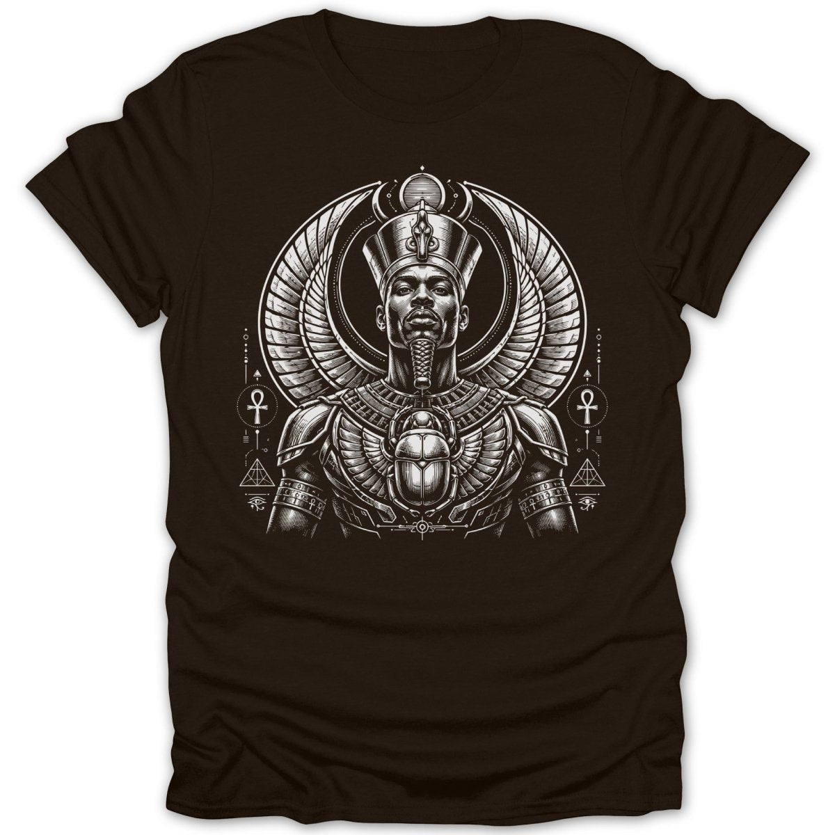 Black t-shirt with a stylized Egyptian pharaoh wearing a headdress and scarab beetle amulet.