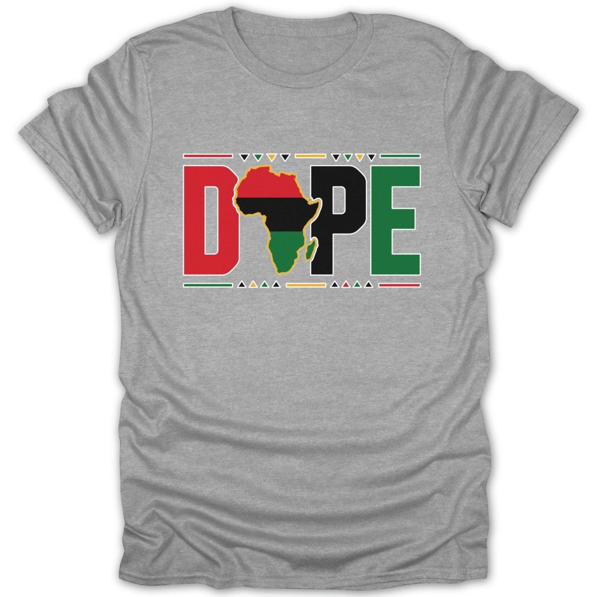 Gray t-shirt with "DOPE" text featuring the African continent in the "O".
