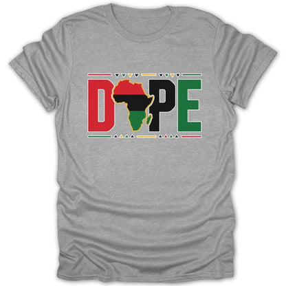 Gray t-shirt with "DOPE" text featuring the African continent in the "O".