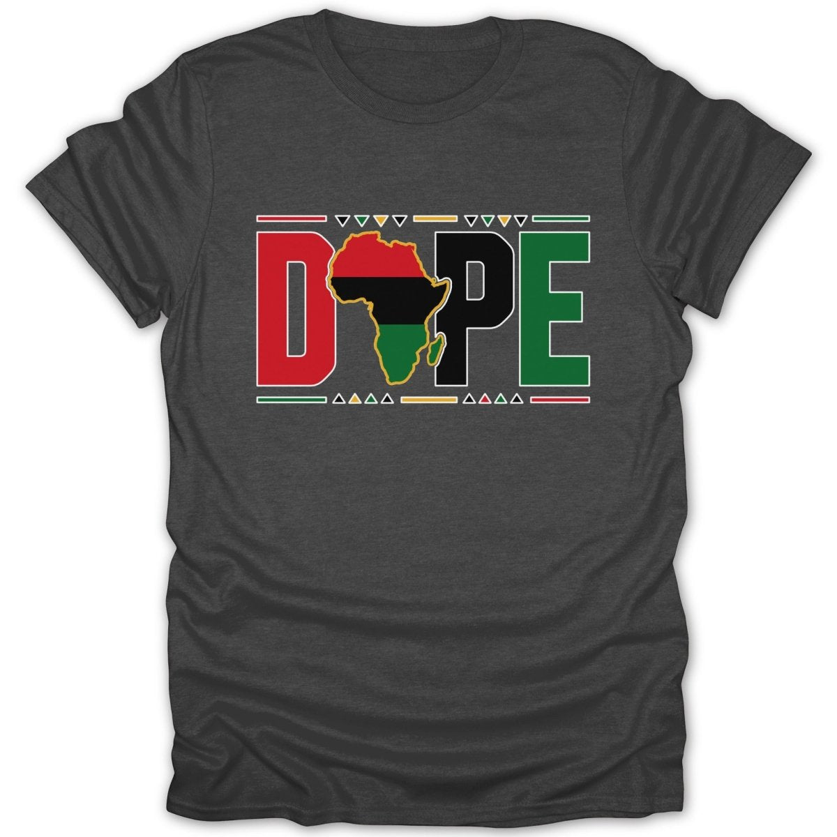 Dark grey t-shirt with "DOPE" in black, red, green, and yellow letters.