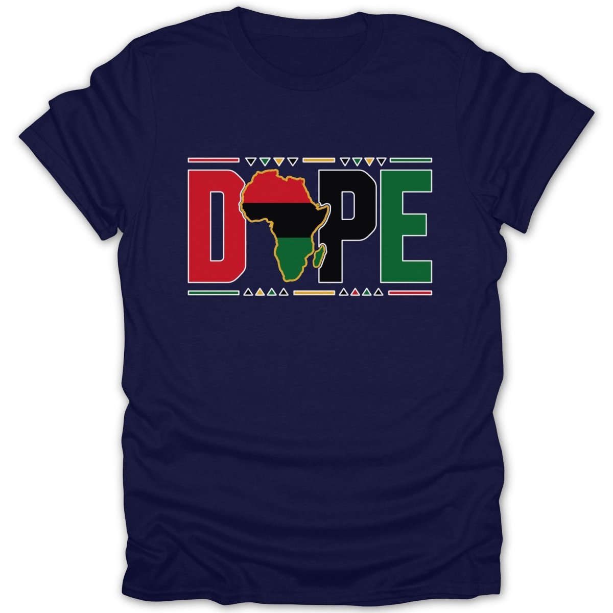 Navy t-shirt with "DOPE" in bold letters, featuring an African map outline.