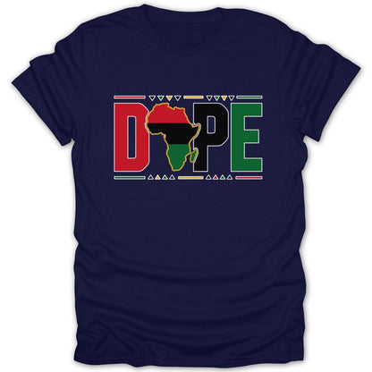 Navy t-shirt with "DOPE" in bold letters, featuring an African map outline.