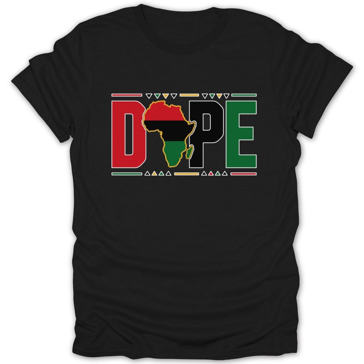 Black t-shirt with "DOPE" in red, green, and yellow, featuring an African map.