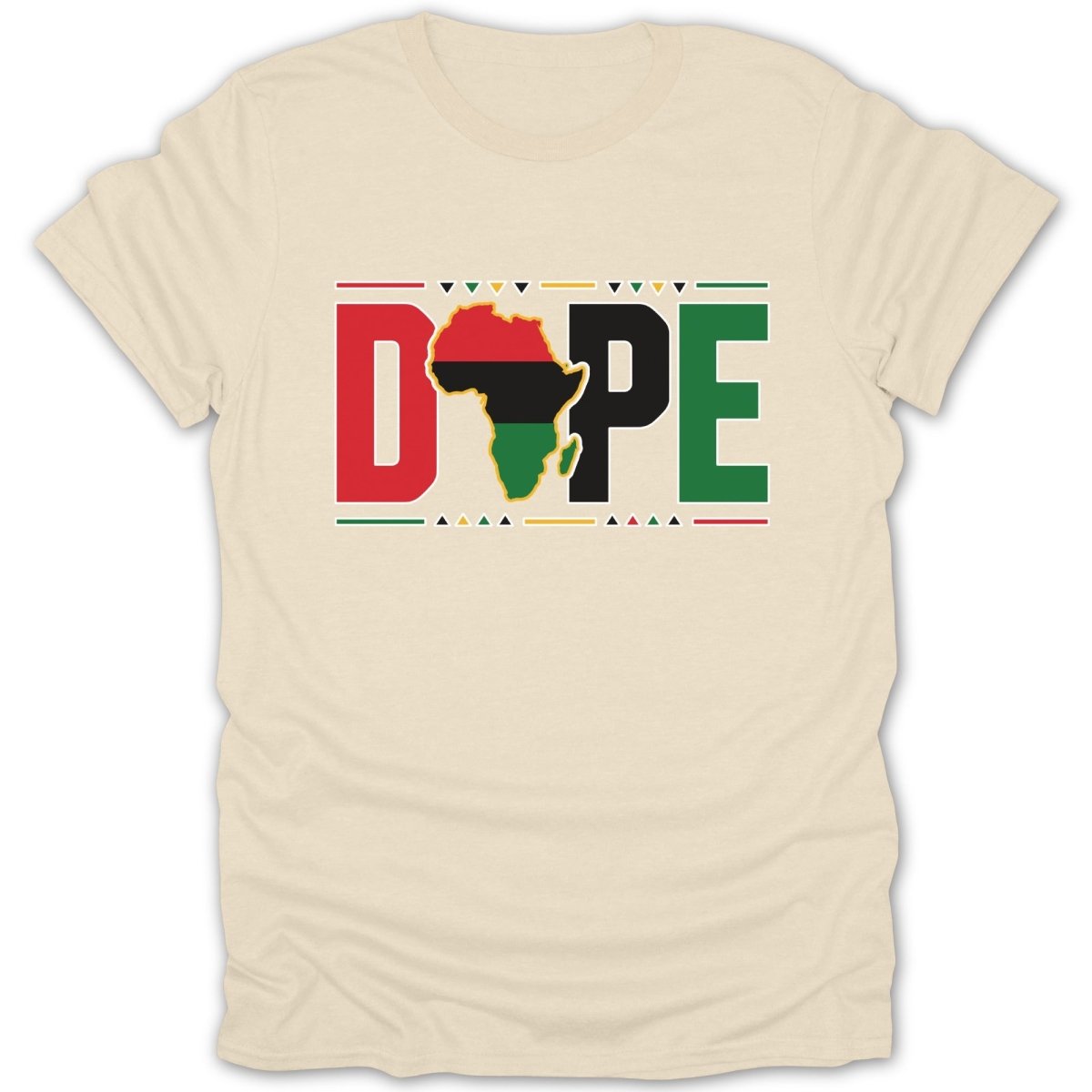Beige t-shirt with "DOPE" text and African continent graphic.
